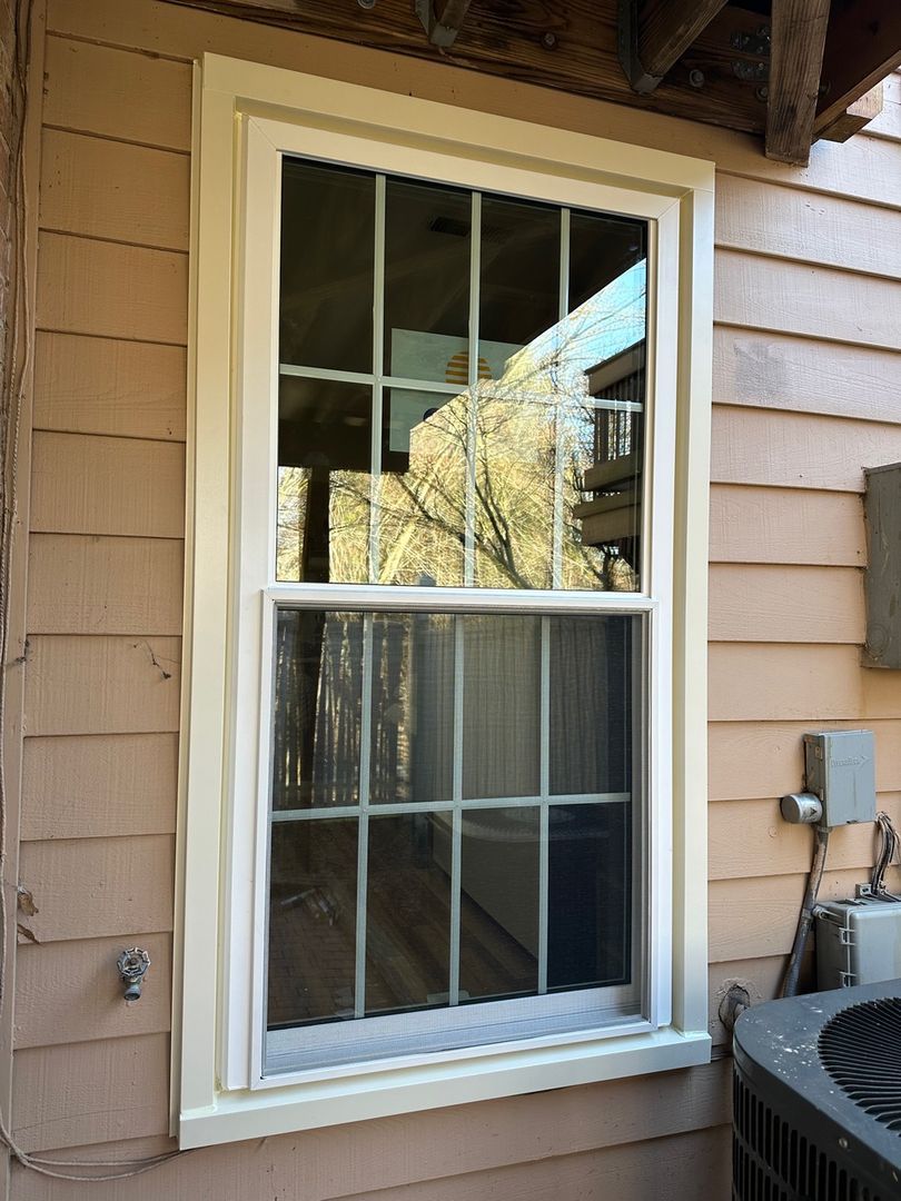 A new double-hung window with white trim on a house with beige siding, reflecting trees in its clear glass