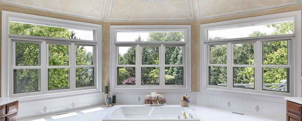 Master bath in luxury home with windowed tub area